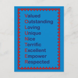Blå för volontäruppskattad Ord Red Hearts Blue Vykort