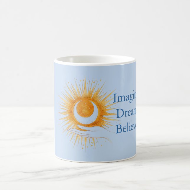 Blå Föreställ Dröm Tro Guld Orange Sol Hand Kaffemugg (Center)