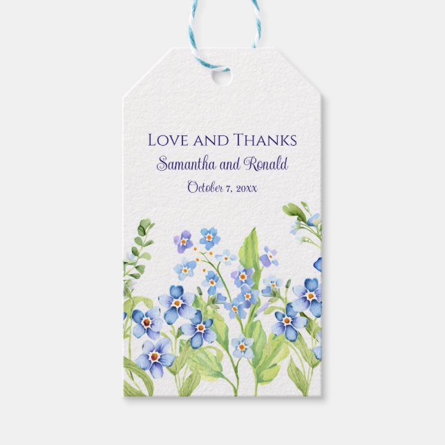 Blå Förgätmigej Vattenfärg Bröllop  Presentetikett (Framsidan)
