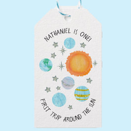 Blå första Resa runt Sol Pojkens första födelsedag Presentetikett