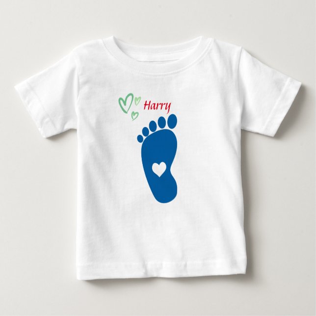 Blå fotavtryck i baby - anpassa namn t shirt (Framsida)