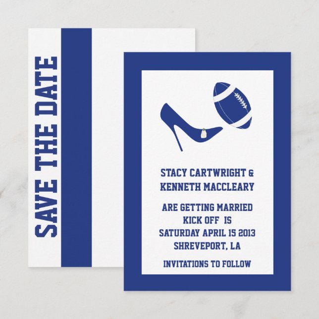 Blå fotboll bröllop Spara datum tillkännagivande (Fram/baksida)