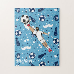 Blå fotbollsspelare Boll Mönster Kids Namn Sports Pussel