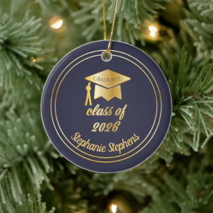 Blå fotnoten Guld Student Cap Studenten 2024 Foto Julgransprydnad Keramik