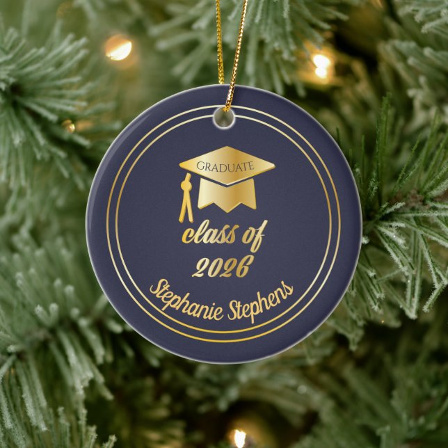 Blå fotnoten Guld Student Cap Studenten 2024 Foto Julgransprydnad Keramik (Träd)