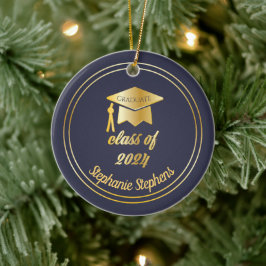 Blå fotnoten Guld Student Cap Studenten 2024 Foto Julgransprydnad Keramik