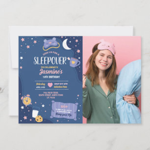 Blå foto av Slumber Party Birthday Sleepover Girls Inbjudningar