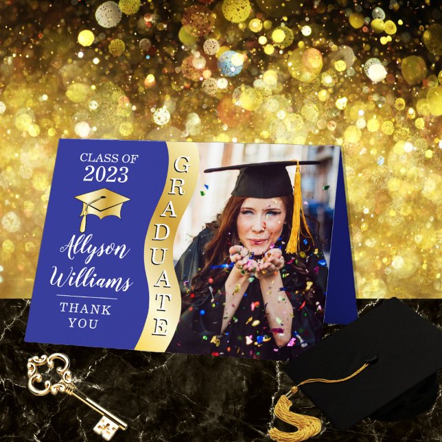Blå | Foto av Wave Grad Cap från Guld Student Tack Kort (Sleek and Modern Blue and Gold Tone Photo Graduate Graduation Thank You Folded Card)