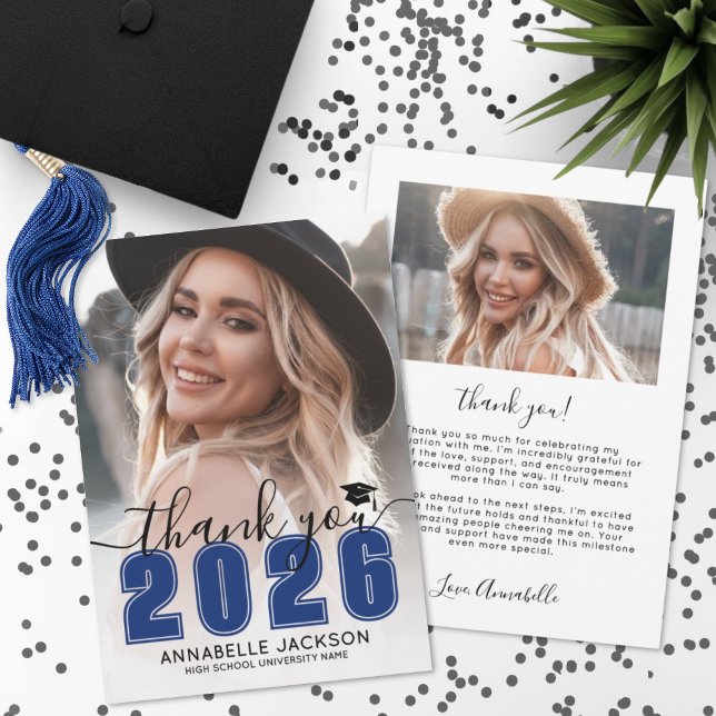 Blå Foto Examen Tack Kort (Blue Photo Graduation Thank You Card)