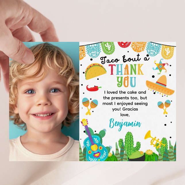 Blå Foto Fiesta Tack Födelsedagskort Inbjudningar (Boys Colorful Fiesta Themed Birthday Thank You Card, Mexican Fiesta Birthday Party Thank You Card)