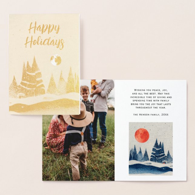 Blå foto för vinterlandskapsskog Måne Folierat Kort (Display)