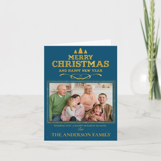 Blå foto Guld God jul Gott nytt år Helgkort (Framsida)