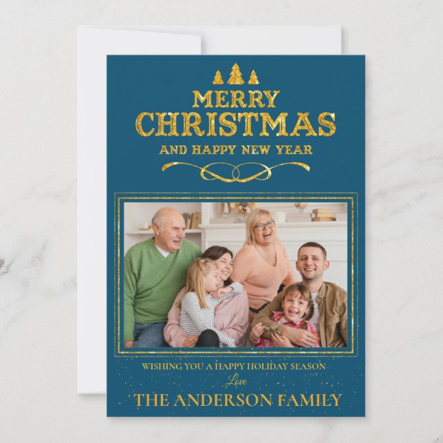 Blå foto Guld God jul Gott nytt år Julkort (Framsida)