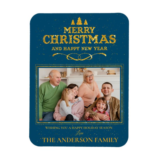 Blå foto Guld God jul Gott nytt år Magnet (Vertikal)