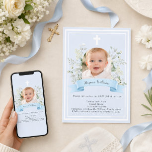 Blå foto pojke vita blommor båge Dop Inbjudningar