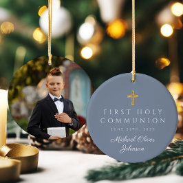 Blå Foto Religiöst Kors Pojke Första Kommunion Julgransprydnad Keramik