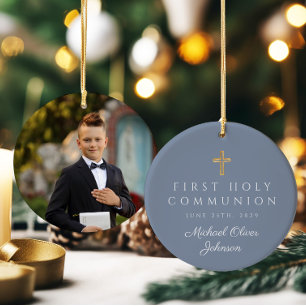Blå Foto Religiöst Kors Pojke Första Kommunion Julgransprydnad Keramik