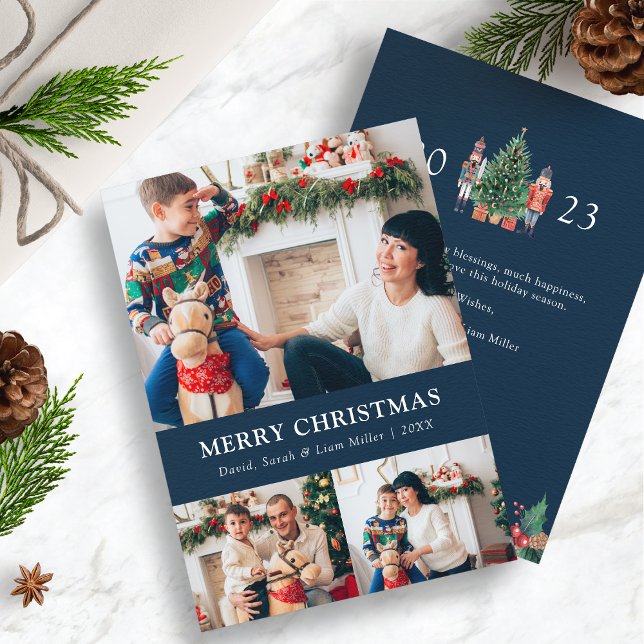 Blå fotokollage julkort (2023 Nutcracker Navy Blue Photo Collage Holiday Cards)