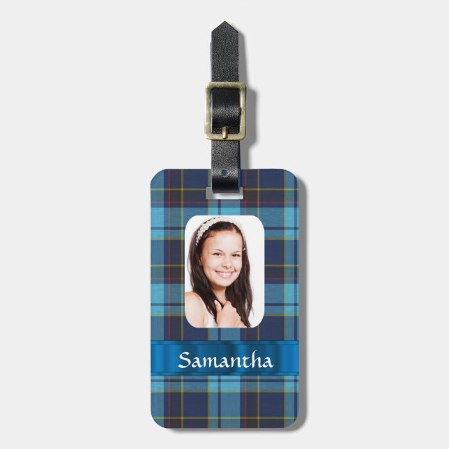 Blå fotomall för tartan bagagebricka (Vertikal Framsida)