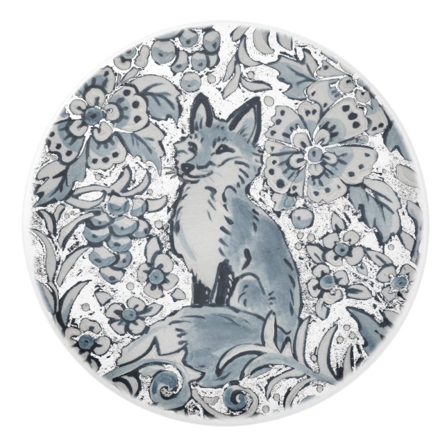 Blå fox Blommigt Woodland Unikt Art Delft-utseende Knopp (Framsidan)
