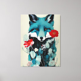 Blå fox Red and White Flowers Canvastryck