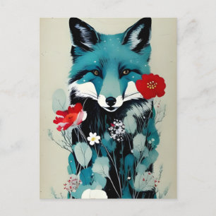 Blå fox Red and White Flowers Vykort
