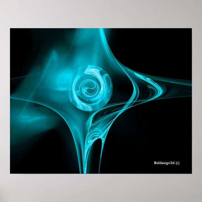 BLÅ FRAKTAL ROS  Turkos Svart Poster (Framsidan)