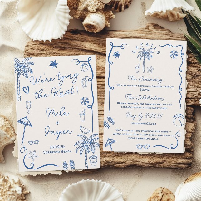 Blå Fransk Beach Seaside Illustration Bröllop Inbjudningar (Blue French Beach Seaside Illustration Wedding Invitation)