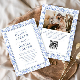 Blå fransk blommig foto QR-kod Toile-inbjudan Inbjudningar