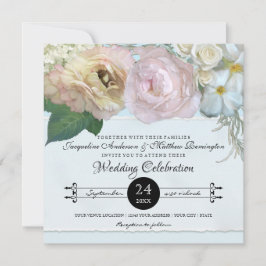Blå Fransk Blommigt Flower Peony Typography Bröllo Inbjudningar