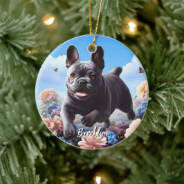 Blå Fransk Bulldog & Flowers Julgransprydnad Keramik