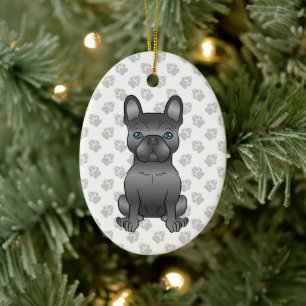 Blå Fransk Bulldog/Frenchie Tecknad hund & Text Julgransprydnad Keramik