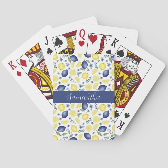 Blå fransk landsbygd citronmönster namn casinokort (Baksidan)