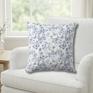 Blå fransk Toile Akvarell Blommig Fjäril Kudde