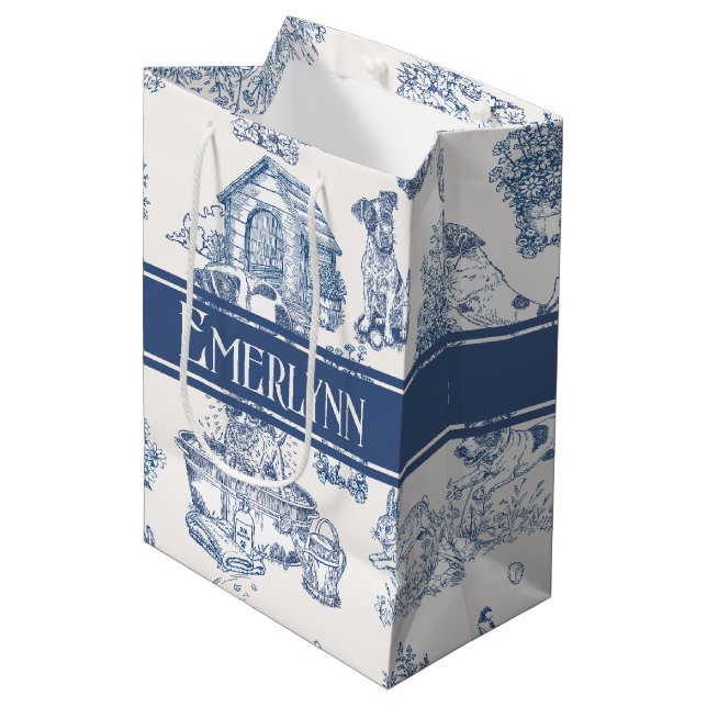 Blå fransk Toile Hund Monogram (Framsidan Vinklad)