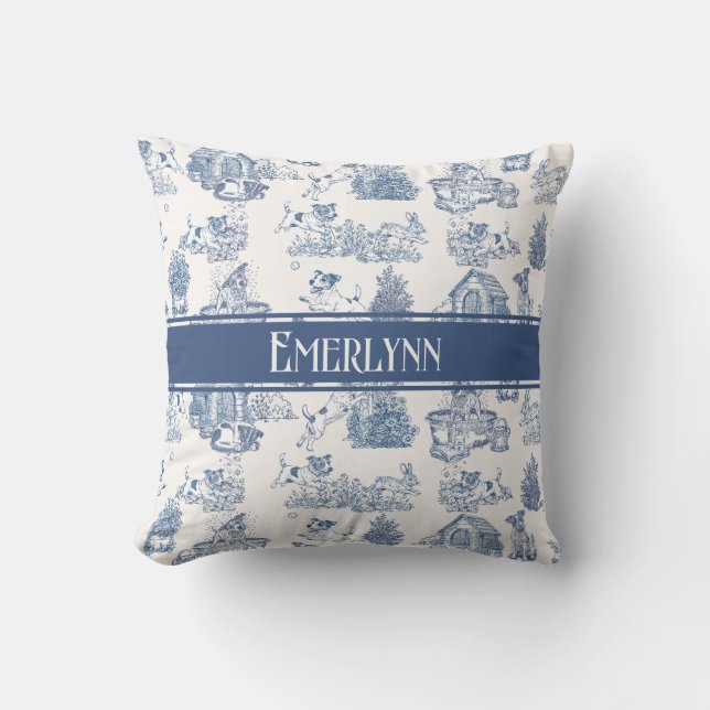 Blå fransk Toile Hund Monogram accent Kudde (Framsida)