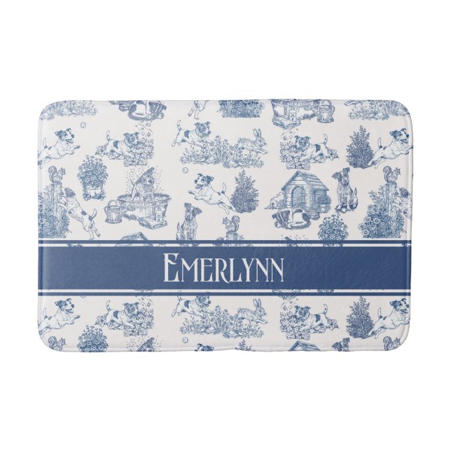 Blå fransk Toile Hund Monogram Dekor Badrumsmatta (Framsidan)