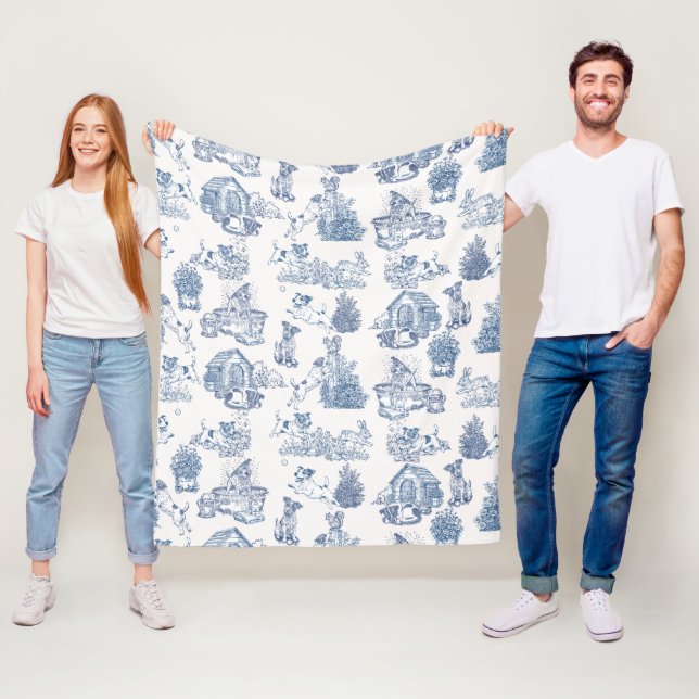 Blå fransk Toile Jack Russell myskmattor Fleecefilt (På plats)