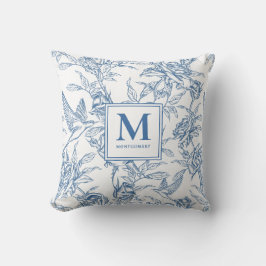 Blå fransk Toile Monogramnamn Kudde