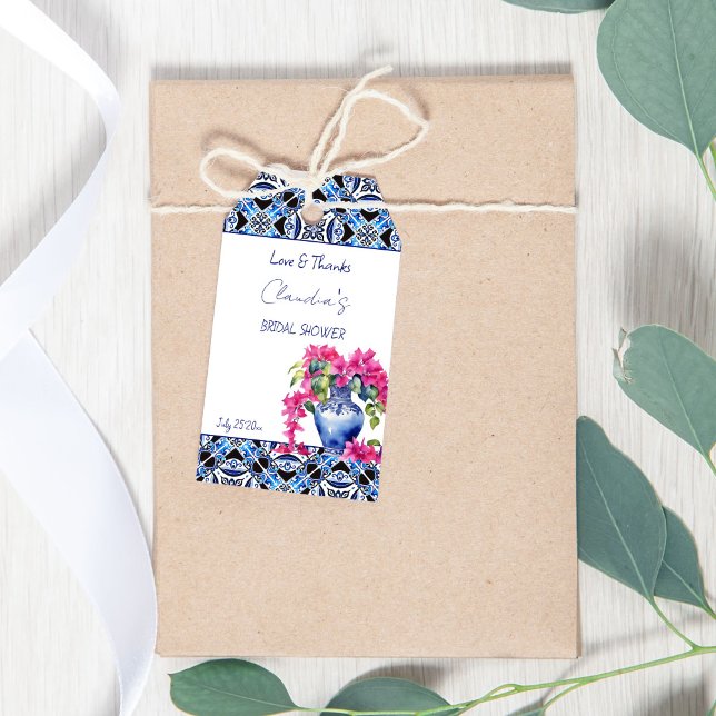 Blå Fransken Tiles Bougainvillea tack. Presentetikett (Blue French Tiles Bougainvillea Mediterranean themed bridal shower thank you favor Tags)