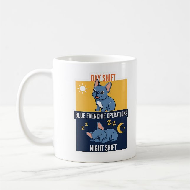 Blå Frenchie Dag och Natt Skift Rolig Design Kaffemugg (Vänster)