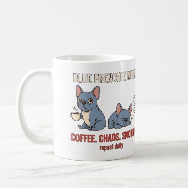 Blå Frenchie Mamma Kaffe Kaos Snarkande Design Kaffemugg (Vänster)