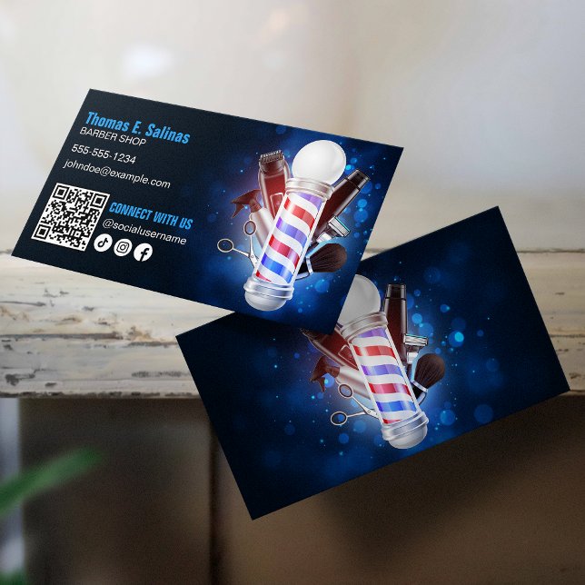 Blå Frisörbutik Stolpe Kontakta oss QR-kod Visitkort (Skapare uppladdad)