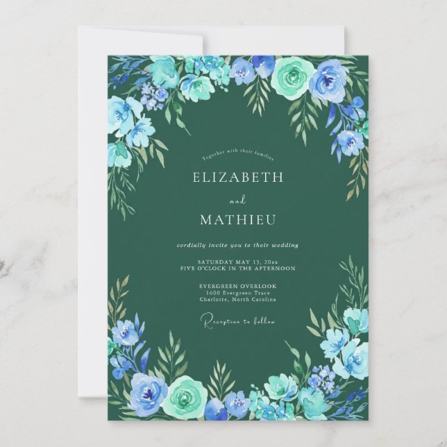 Blå Frodig Blommig Valvbrollop Inbjudningar (Framsida)