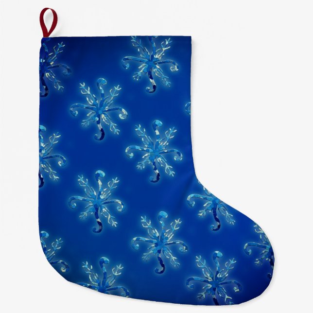 Blå frostiga snöflingor stor julstrumpa (Framsidan)