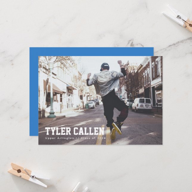 Blå Full Foto Examenstillägg Inbjudningar (Fram/Back In Situ)