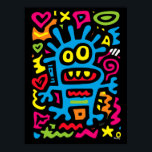 Blå Funky Alien - Neon Pop Art Quirky Monster Poster<br><div class="desc">Den här funkyn hoppar blå utomjording ut med neon färg och kvirky energy. Med stort ögon och en lekfull flin är det en popkondesign som är gjord för att elektrifiera din väggdekoration och ge funky till alla utrymmen.</div>