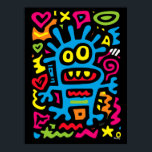 Blå Funky Alien - Neon Pop Art Quirky Monster Poster<br><div class="desc">Den här funkyn hoppar blå utomjording ut med neon färg och kvirky energy. Med stort ögon och en lekfull flin är det en popkondesign som är gjord för att elektrifiera din väggdekoration och ge funky till alla utrymmen.</div>