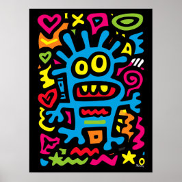 Blå Funky Alien - Neon Pop Art Quirky Monster Poster