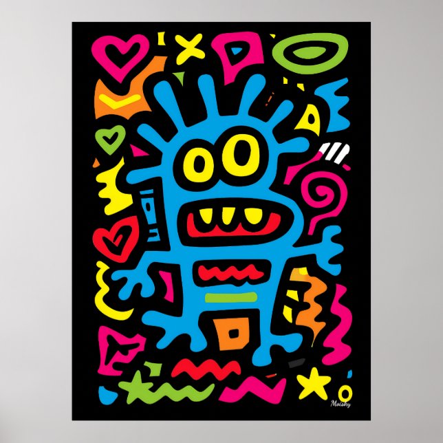 Blå Funky Alien - Neon Pop Art Quirky Monster Poster (Framsidan)
